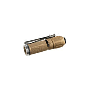 The Weltool BB18 Body and TC20 Tail Cover is a compact, tan flashlight body with textured grip, metal clip, and threaded end for attaching the TC20 tail cover or weapon light head, pictured against a white background.