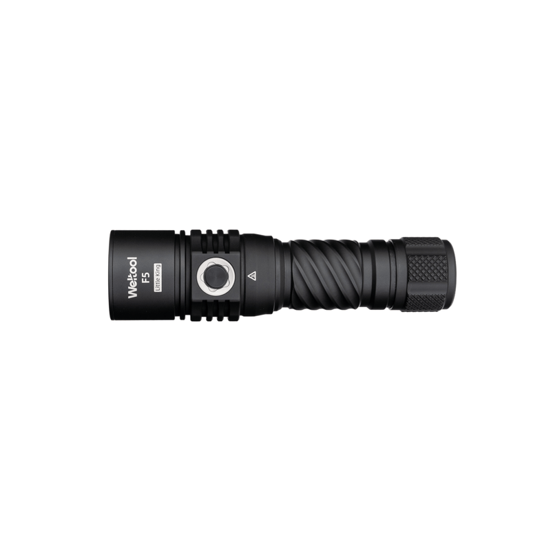 A black Weltool F5 LED flashlight with a side button, compact body, and textured grip, shown on a white background. This high-lumen outdoor flashlight is perfect for reliable illumination during your adventures.