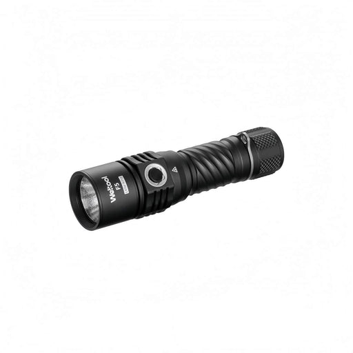 A black metal LED flashlight with a textured grip, a side button, and a ridged barrel, labeled "Weltool" and "F5," designed for reliability as an outdoor flashlight.