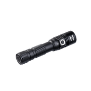 The Weltool F8R is a black rechargeable LED flashlight with a textured grip and side power button, shown on a white background. It features convenient USB-C charging.