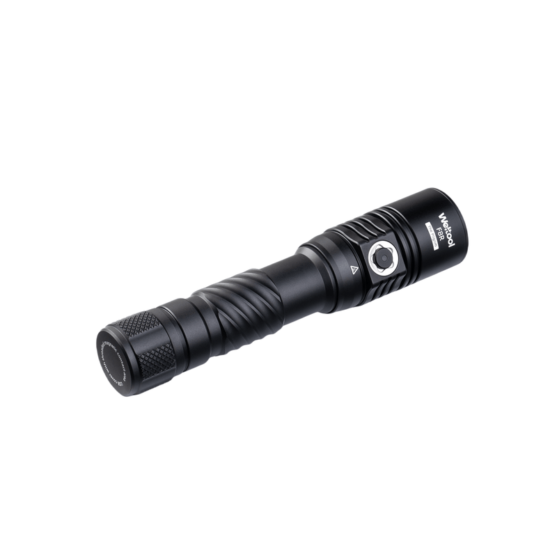 The Weltool F8R is a black rechargeable LED flashlight with a textured grip and side power button, shown on a white background. It features convenient USB-C charging.