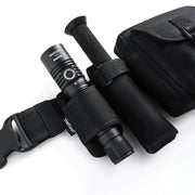 A black Weltool F8R rechargeable LED flashlight with USB-C charging is secured in a tactical nylon pouch, accompanied by a zippered carrying case and a foam-handled baton.