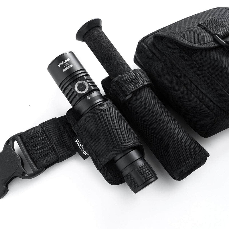 A black Weltool F8R rechargeable LED flashlight with USB-C charging is secured in a tactical nylon pouch, accompanied by a zippered carrying case and a foam-handled baton.