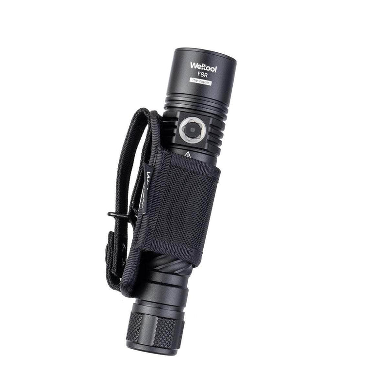 A black rechargeable LED Weltool F8R flashlight in a black nylon holster with a hook-and-loop strap, isolated on a white background.