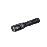 The Weltool F8R is a black rechargeable LED flashlight with a textured grip, silver button, and slightly flared head. It features USB-C charging and is shown on a white background.