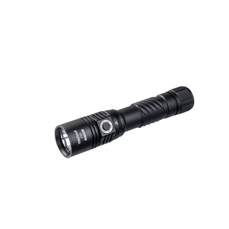 The Weltool F8R is a black rechargeable LED flashlight with a textured grip, silver button, and slightly flared head. It features USB-C charging and is shown on a white background.