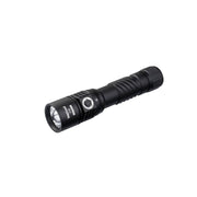 The Weltool F9R, a black rechargeable LED flashlight with a textured grip, on/off button, and reflective lens, is shown angled on a white background.