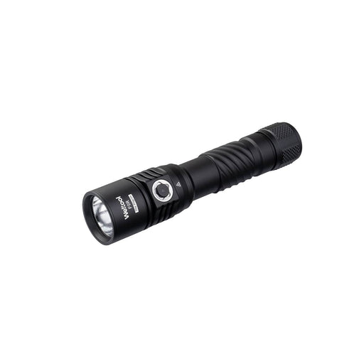 The Weltool F9R, a black rechargeable LED flashlight with a textured grip, on/off button, and reflective lens, is shown angled on a white background.