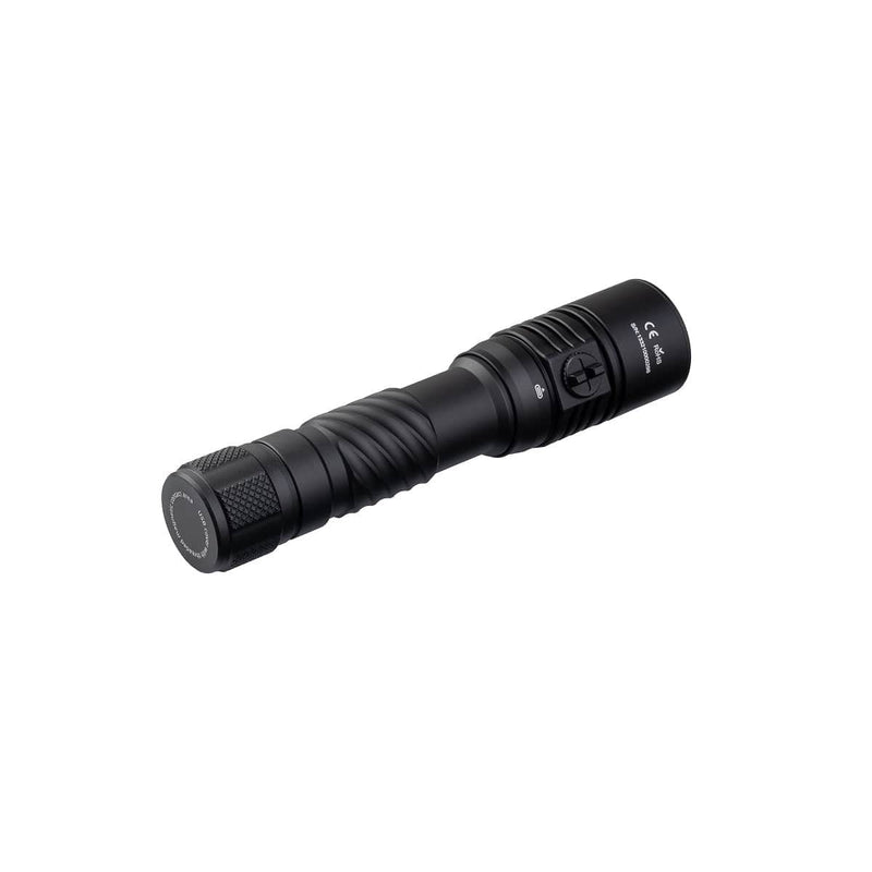 The Weltool F9R, a black rechargeable LED flashlight with a textured grip, side button, and cylindrical design, is shown on a white background—perfect for reliable on-the-go illumination.