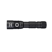 Black Weltool F9R rechargeable LED flashlight with a ridged grip, side button, and cylindrical body, shown on a white background.