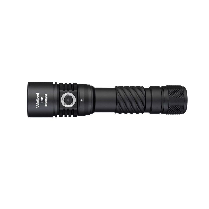 Black Weltool F9R rechargeable LED flashlight with a ridged grip, side button, and cylindrical body, shown on a white background.