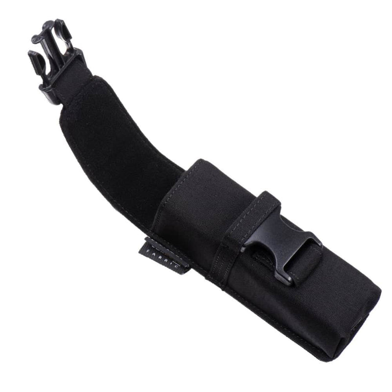 The Weltool FH1 FH2 V2.0 CORDURA Flashlight Holster is a black nylon pouch with adjustable straps and plastic buckles, designed for securely carrying small items or flashlights.
