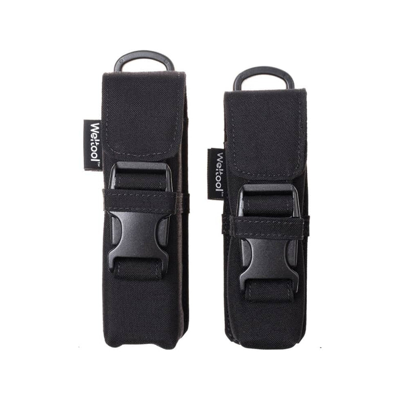 Two Weltool FH1 FH2 V2.0 CORDURA flashlight holsters in black with front flap closures and plastic buckles, each featuring a side "WETKOOL" tag, are displayed side by side on a white background.