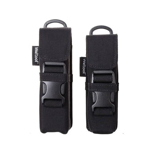Two Weltool FH1 FH2 V2.0 CORDURA flashlight holsters in black with front flap closures and plastic buckles, each featuring a side "WETKOOL" tag, are displayed side by side on a white background.