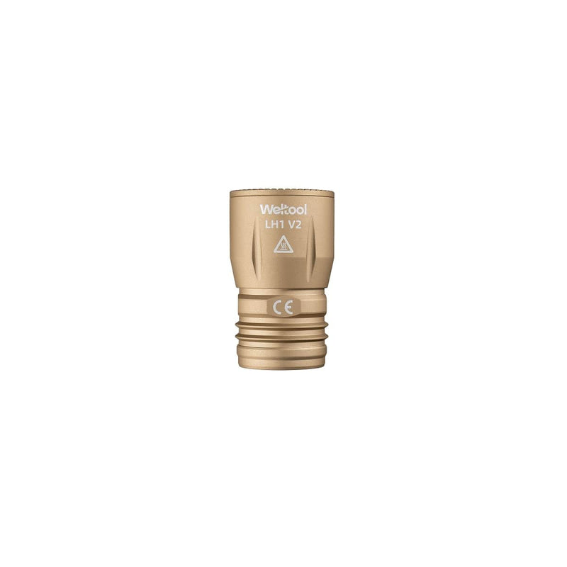 The Weltool LH1 Light Head is gold-colored with a textured grip, visible logo, certification markings, and a white LED, shown isolated on a white background.
