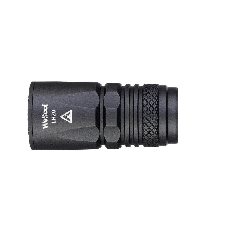 A black Weltool LH20 flashlight head is displayed horizontally on a white background with model details on the side. This LEP weapon light has a durable aluminum reflector for improved performance.