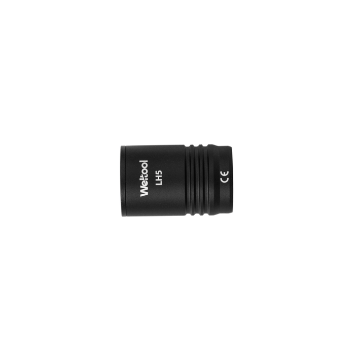 A small black cylindrical object with "Weltool LH5" and "CE" text printed on its body, featuring a 95CRI 4000K light, ideal for precision weapon light heads.