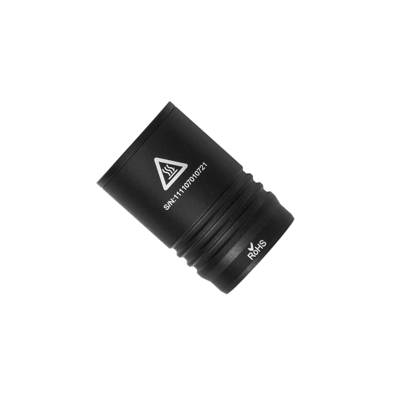 A black cylindrical electronic component labeled "SN:M1170701721" with safety and certification symbols, including RoHS compliance. This device is a Weltool LH5 95CRI 4000K Light Head, boasting impressive color accuracy with a 95CRI rating.