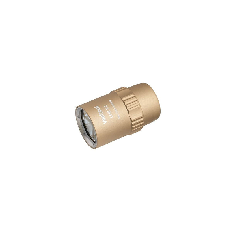 The Weltool LH8 V2 Light Head, featuring a sleek, compact metal design with a gold finish, is displayed on a plain white background.