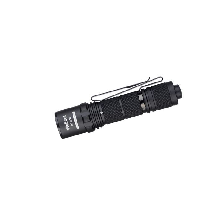 A black Weltool M7 High-CRI tactical flashlight with textured grip, metal clip, and head branding, delivers 4000K natural illumination and is shown on a white background.
