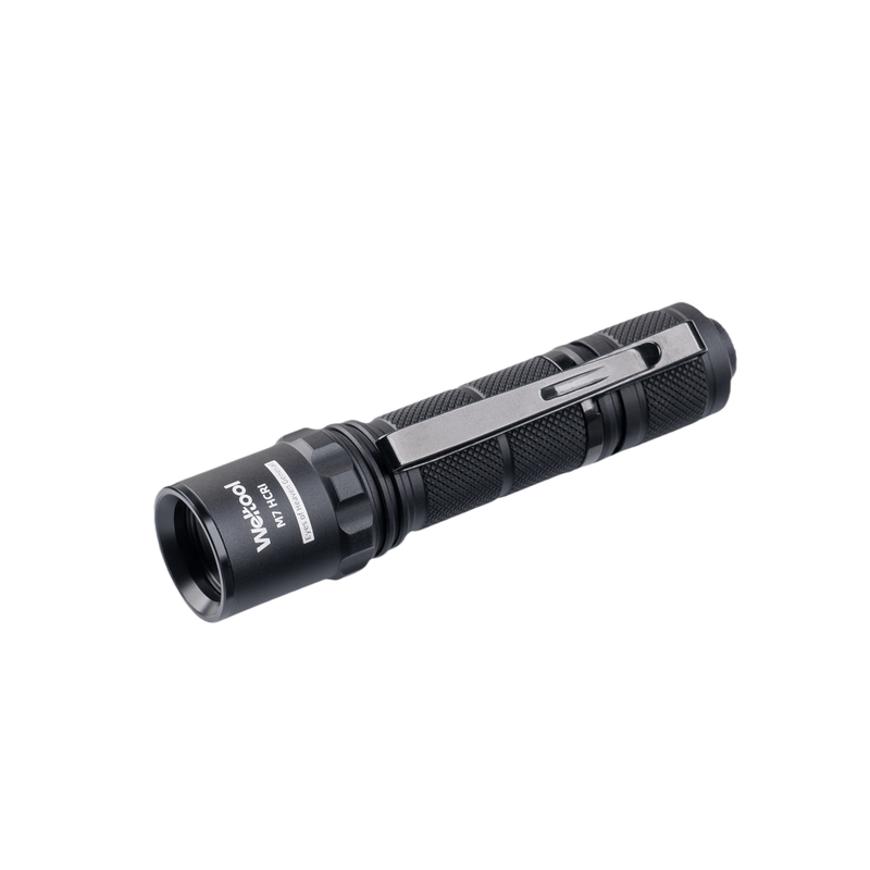 The Weltool M7 High-CRI is a black handheld LED flashlight with a textured grip and metal pocket clip, shown on a white background. It offers 4000K color temperature and high color rendering index for accurate, natural lighting.