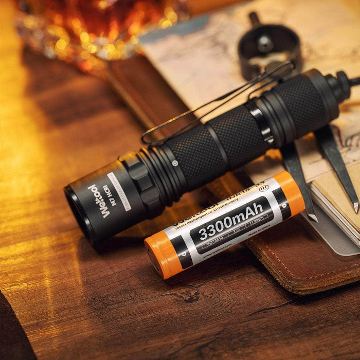 The Weltool M7 High-CRI, a black LED flashlight with an orange 3300mAh rechargeable battery, sits on a wooden desk alongside a map, notebook, and pen.