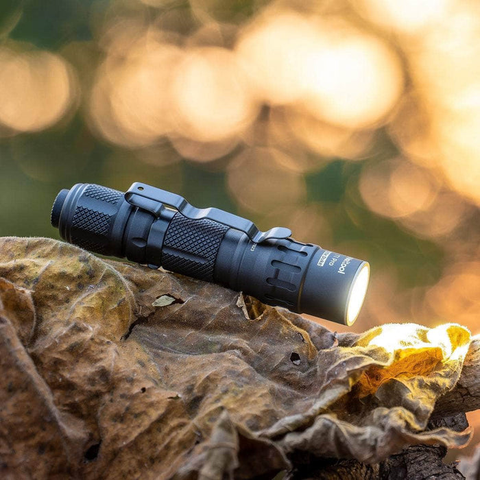 A Weltool T1 Pro TAC resting on a dry, textured leaf with a blurred, golden-hued background.