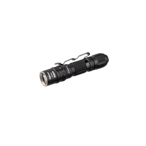 Weltool T1 Pro TAC black led flashlight with a metal clip on a white background.