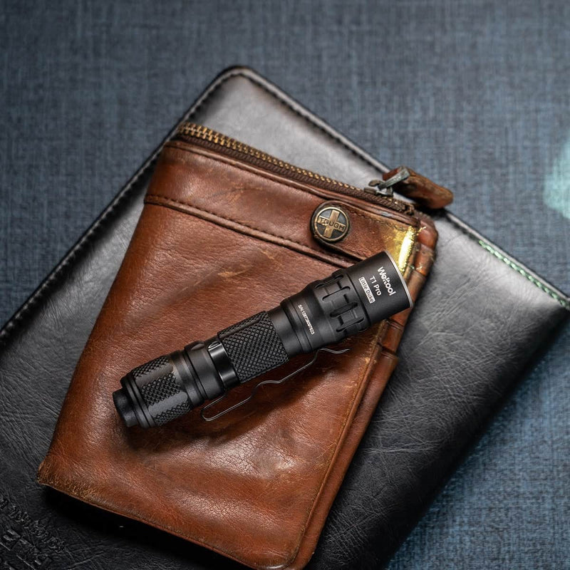 A Weltool T1 Pro V3 rests on a brown leather zippered pouch atop a closed black notebook on a dark blue surface.