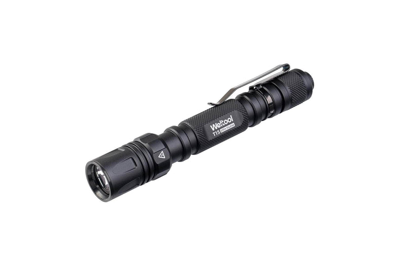 Black Weltool T15 flashlight with a pocket clip, textured grip, and push-button tail switch displayed on a white background. Coming Soon for those seeking reliable everyday illumination.
