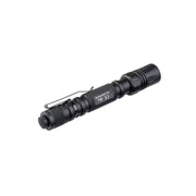 The Weltool T15 is a black LED tactical flashlight with a pen-style design, metal pocket clip, and is compatible with 14500 lithium-ion batteries, shown against a white background.