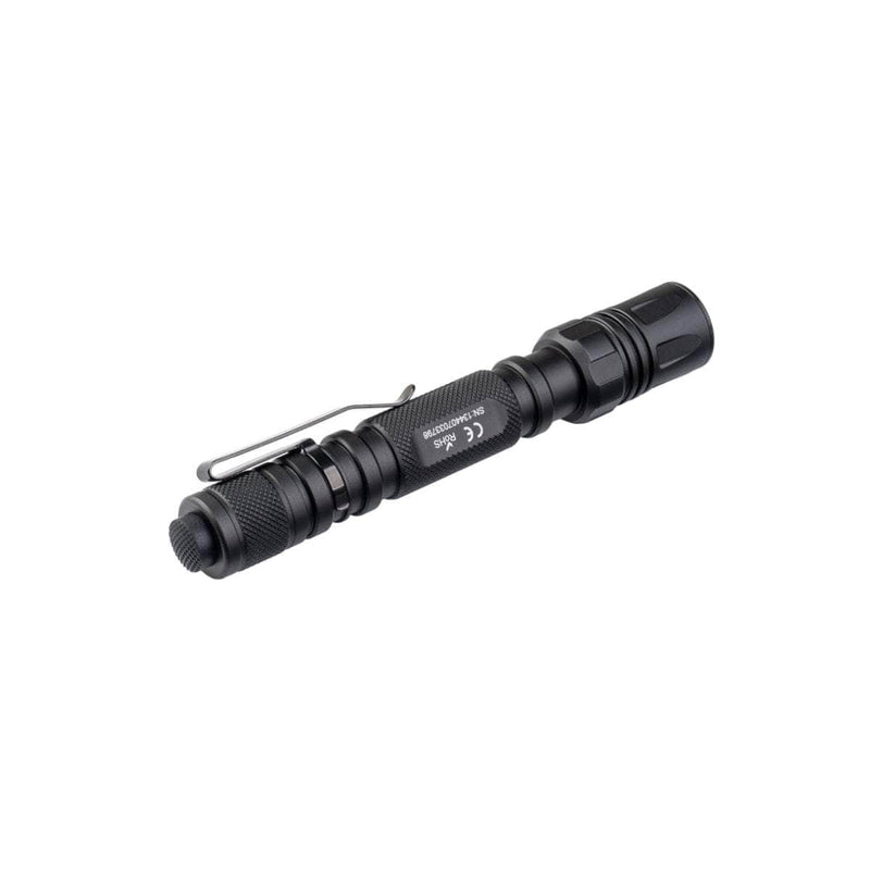 The Weltool T15 is a black LED tactical flashlight with a pen-style design, metal pocket clip, and is compatible with 14500 lithium-ion batteries, shown against a white background.