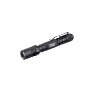 A black LED tactical flashlight labeled "Weltool T15" with a pocket clip is shown against a white background. This pen-style flashlight is compatible with 14500 lithium-ion batteries.