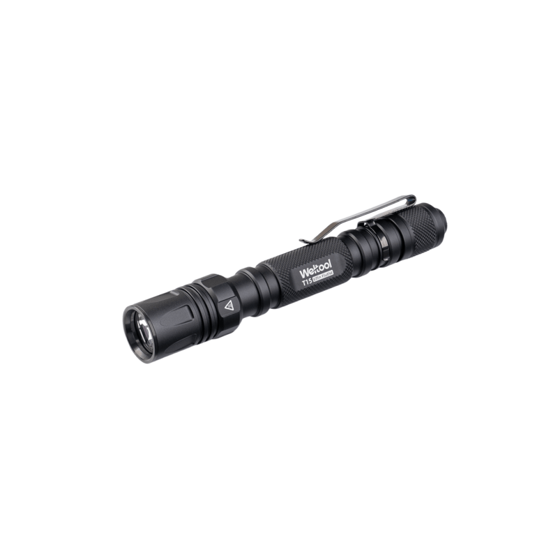 A black LED tactical flashlight labeled "Weltool T15" with a pocket clip is shown against a white background. This pen-style flashlight is compatible with 14500 lithium-ion batteries.