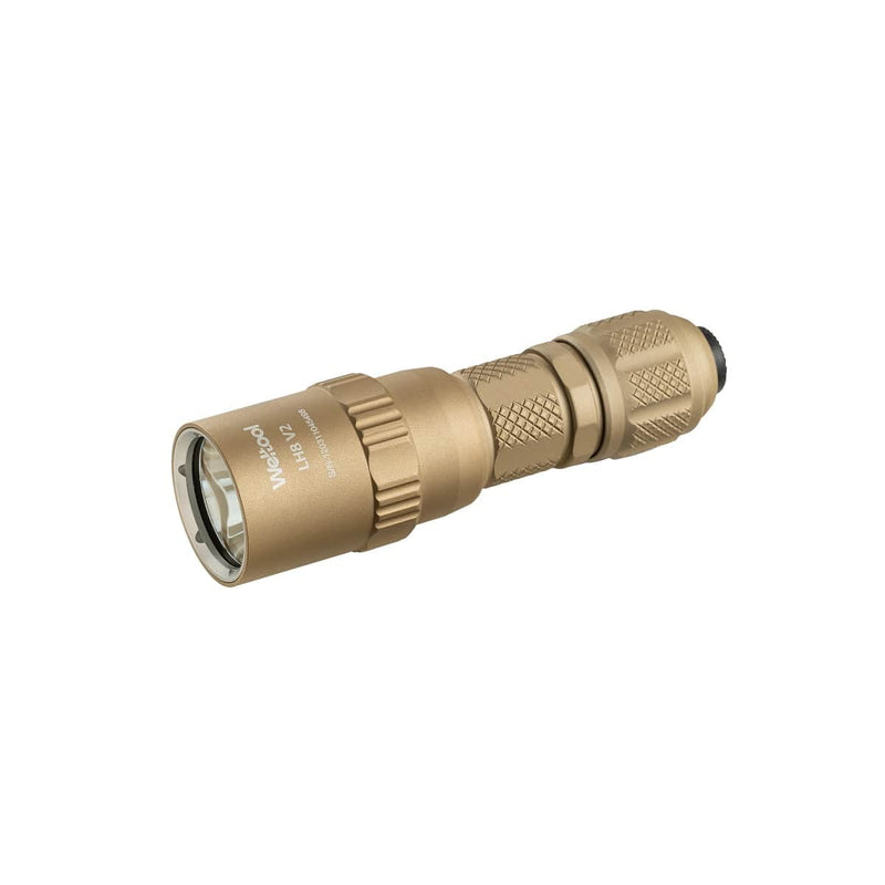 The Weltool T16B V2, a tan, compact tactical flashlight featuring a textured grip and an end-cap push-button, is showcased on a white background.