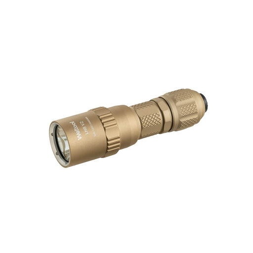 The Weltool T16B V2, a tan, compact tactical flashlight featuring a textured grip and an end-cap push-button, is showcased on a white background.