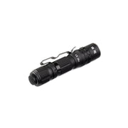The Weltool T1Pro V3 is a compact black mini flashlight with a textured grip, pocket clip, and certification markings on the head. Powered by a 14500 lithium-ion battery, it’s ideal for emergency lighting and shown against a white background.