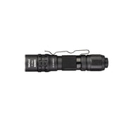 A black Weltool T1Pro V3 tactical mini flashlight with textured grip, clip, and labeled side is shown on a white background—ideal for emergency lighting when used with a 14500 lithium-ion battery.