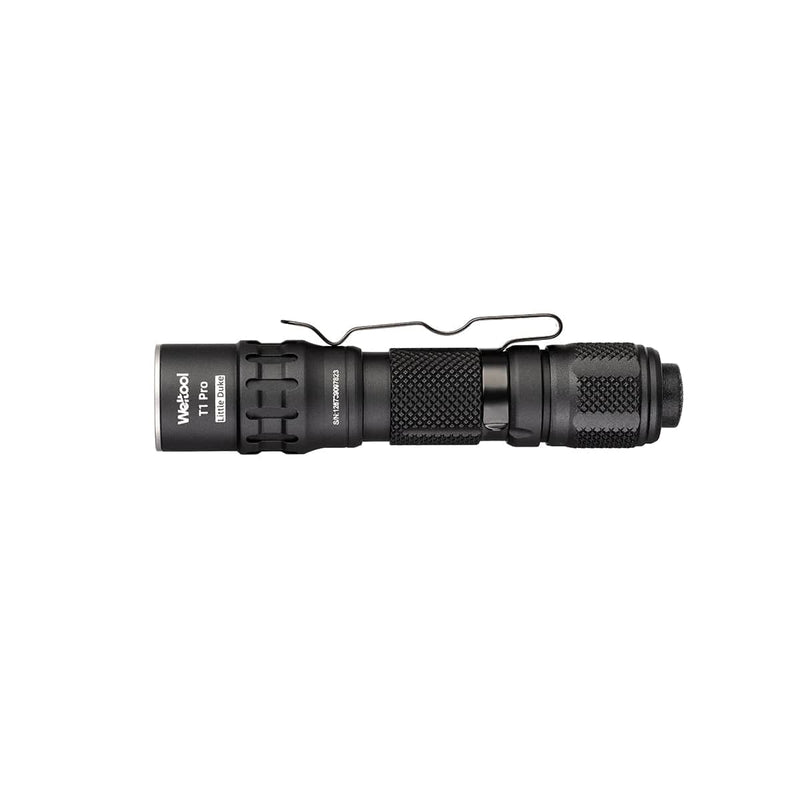 A black Weltool T1Pro V3 tactical mini flashlight with textured grip, clip, and labeled side is shown on a white background—ideal for emergency lighting when used with a 14500 lithium-ion battery.