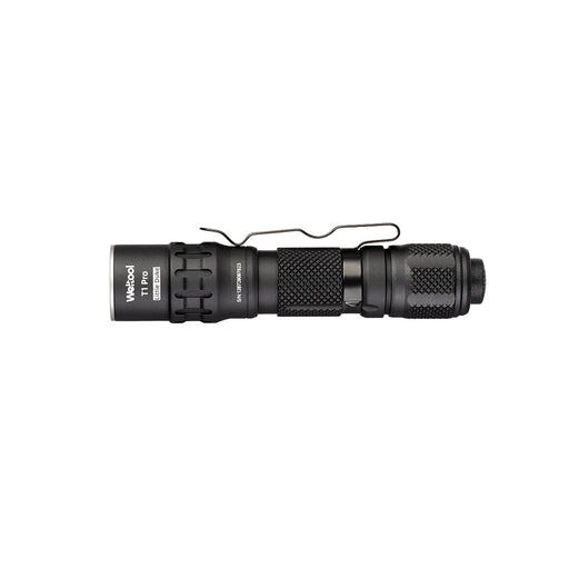 A black Weltool T1Pro V3 tactical mini flashlight with textured grip, clip, and labeled side is shown on a white background—ideal for emergency lighting when used with a 14500 lithium-ion battery.