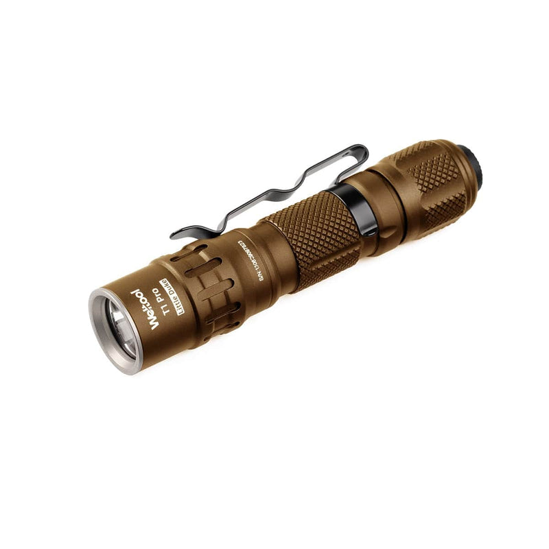 The Weltool T1Pro V3 is a compact brown mini flashlight featuring a textured grip, pocket clip, and branded logo—perfect for emergency lighting and displayed isolated on a white background.