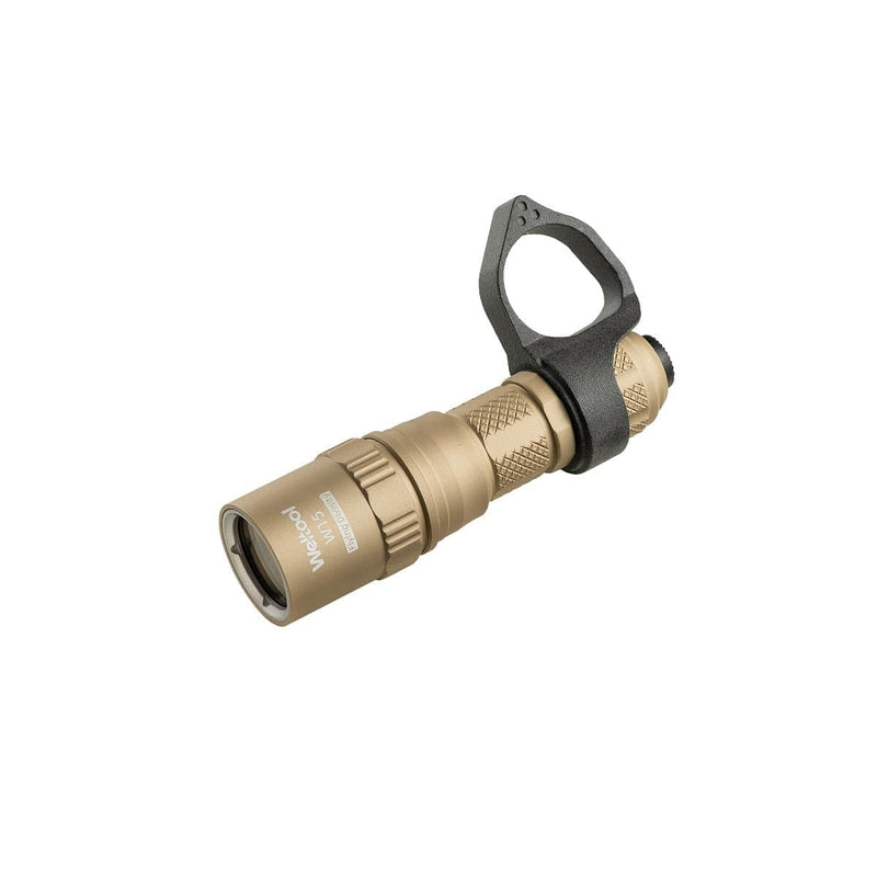 The Weltool W15 “Flying Divinity” LEP Tactical Flashlight features a tan body, knurled grip, and a black mounting bracket near the base for tactical versatility and straightforward attachment.