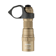 A tan Weltool W15 “Flying Divinity” LEP tactical flashlight features a textured grip and a black ring near the tail cap.