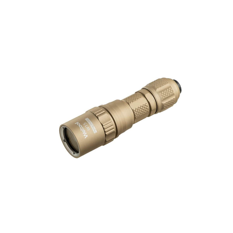A compact tan Weltool W15 “Flying Divinity” LEP tactical flashlight featuring a textured grip and a side label.
