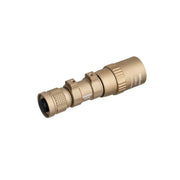 The Weltool W35B V2 Compact Weaponlight is a tan, cylindrical high-intensity flashlight with a textured grip, mounting bracket, and push-button tail switch, displayed on a white background.