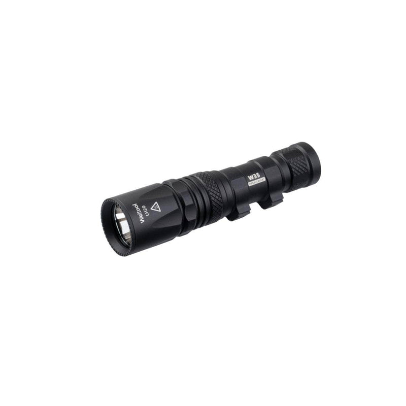 The Weltool W35S is a compact black handheld flashlight with a textured grip and single button, shown against a white background.
