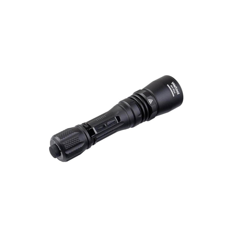 Weltool W3Plus LEP Tactical Flashlight with a textured grip and a beveled end, laying on a white background, delivering 940 lumens of ultra-long-range illumination.