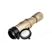 Weltool W3Pro TAC Mini - FDE compact tactical flashlight with a textured grip and an open black filter cap, displayed against a white background.