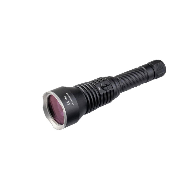The Weltool W5R Pro LEP is a black handheld rechargeable flashlight with a ribbed handle and large lens, shown on a white background.