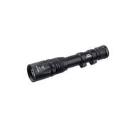 The Weltool W65S is a black long-range flashlight with a textured grip and an end button switch, displayed on a white background.